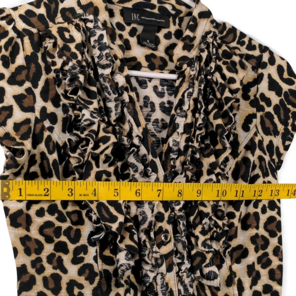 INC Women S Ruffle Front Leopard Print 100% Rayon Brown Mob Wife Office Siren - Picture 6 of 9